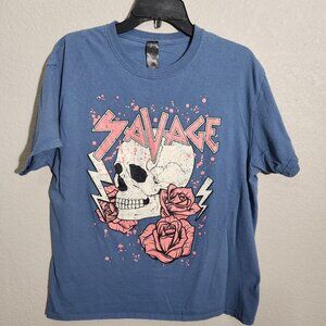 Savage Graphic T-Shirt Small M Skull & Roses Blue Short Sleeve floralcore